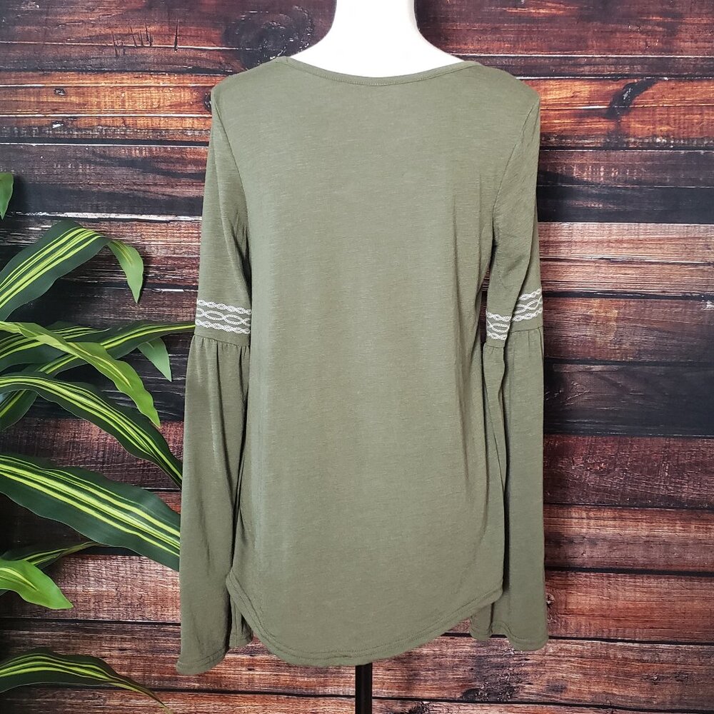 Roper Peasant Top S Embroidered Flared Sleeves Olive Green Boho Hippie - Picture 2 of 8
